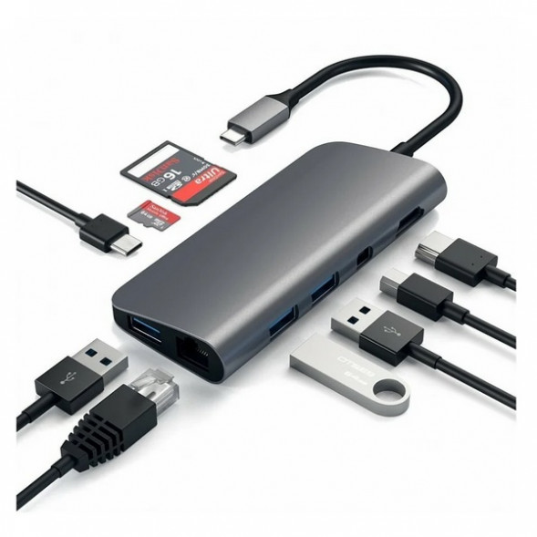 USB-концентратор Satechi Aluminum Type-C Multimedia Adapter (ST-TCMM8PA), разъемов: 4, space gray в Москве