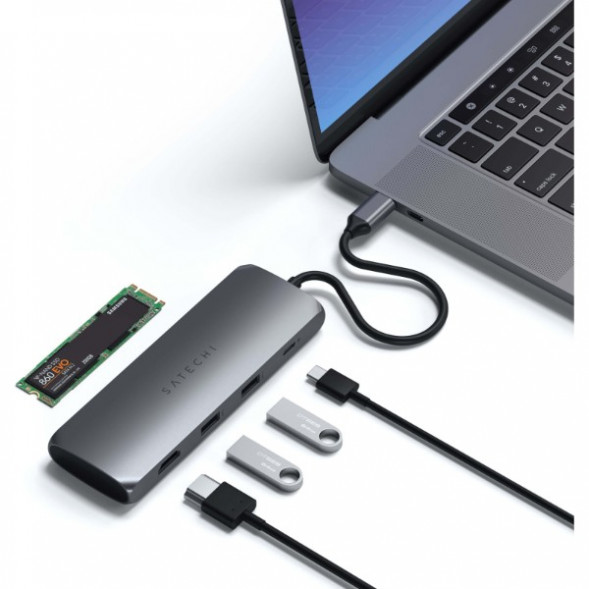 Док-станция Satechi USB-C Hybrid Multiport Adapter (with SSD Enclosure M.2 SATA, 2xUSB 3.1, USB Type-C, HDMI), Серый ST-UCHSEM в Москве